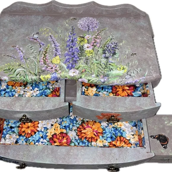 Faux Stone Finish Floral Jewelry Box with Bonus Trinket Box